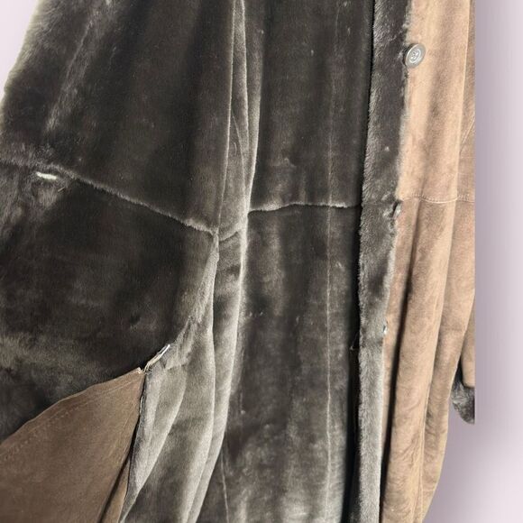 Marvin Richards rich brown leather long overcoat with fur trim size small - Picture 7 of 11